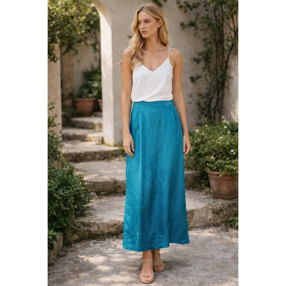 Silk Turquoise Teal Midi Pencil Skirt Clean Girl Office Career Going Out Size 4